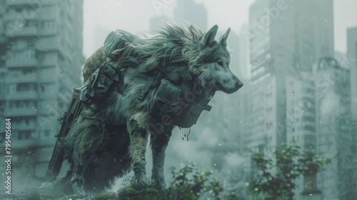 A lone wolf stands guard over a post-apocalyptic city.