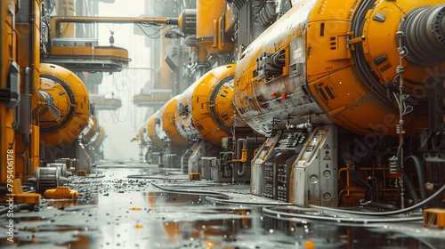 A long, narrow corridor in a futuristic city. The walls are lined with yellow pipes and machinery. The floor is wet and there is a strong smell of ozone in the air.