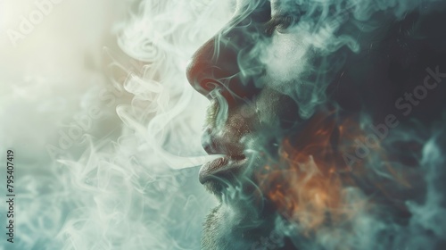A man exhales a cloud of smoke that forms a skull.