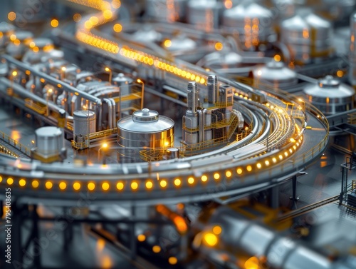 A miniature model of a futuristic factory with glowing yellow lights.