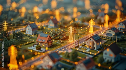 A miniature model of a city with houses, solar panels, power lines and a power plant.