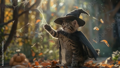 In a spooky backyard, a kitten with a tiny witchs hat and a cape playfully bats at floating cobweb decorations with its paw