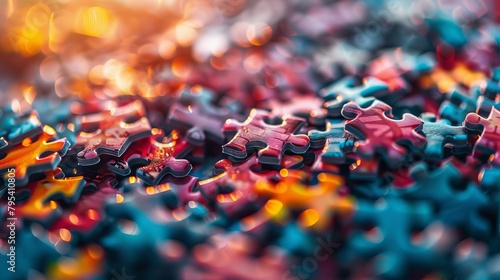 A pile of puzzle pieces in various colors, mostly blue, red, and yellow, with a warm glow over the top.