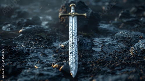 A realistic render of a sword stuck in a stone.