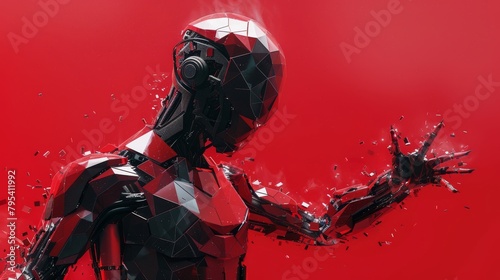 A red and black robot with a glowing red eye stands in a red void.