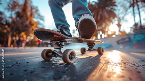 A skateboarder rides on a skateboard in a skate park