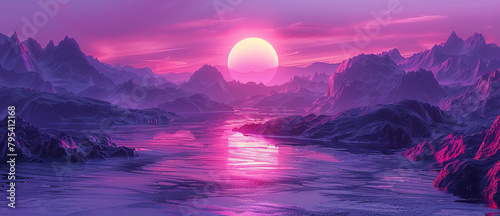 a futuristic landscape of nature, sun in the background and in the middle of the image, river in the middle meander between huge mountains, no people