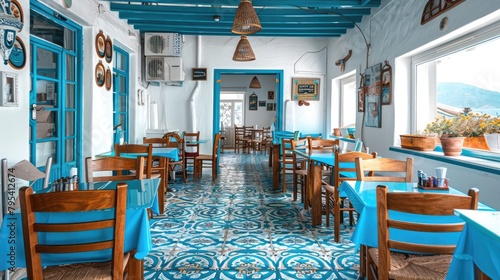Quaint Greek cafe with blue chairs and white walls, inviting atmosphere on a sunny day in Greece