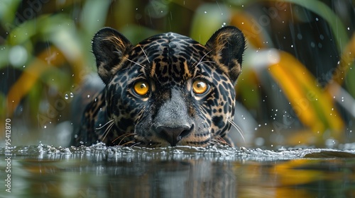 Black jaguar in a South American wetland