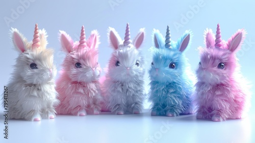 A row of five unicorn bunnies made of plush. They are all different colors.