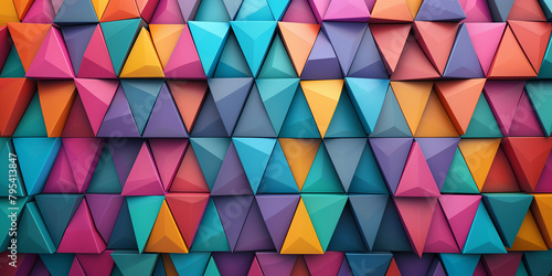 Abstrakte leuchtende Elemente bunte Dreiecke als Hintergrundmotiv für Webdesign im Querformat für Banner, ai generativ