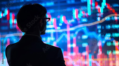 financial forecasting in the digital world a man in a black shirt and glasses stands in front of a