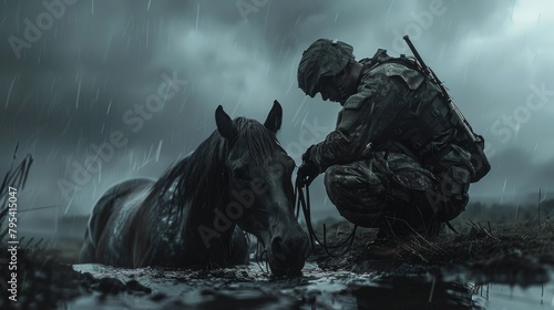 A soldier and his horse standing in the rain