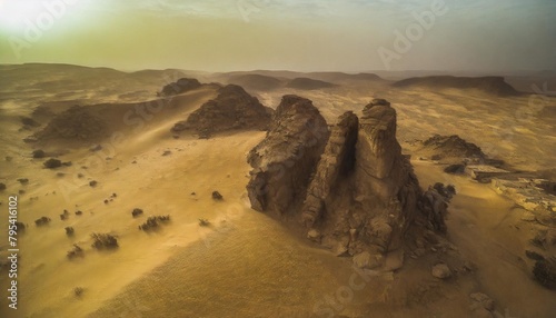aerial view of rock formations among sand dunes at sunset in the sahara desert djanet algeria africa