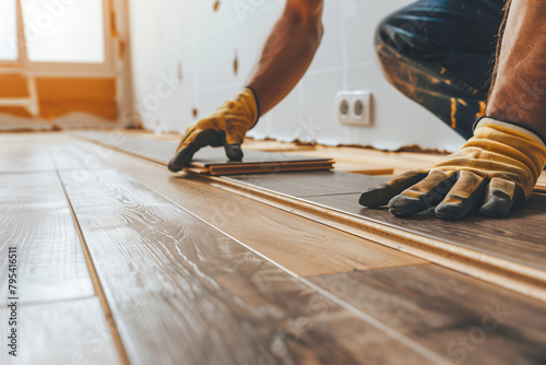 A worker is laying wooden flooring in the apartment, shown in a closeup of hands with gloves and tools working on the wood floor 