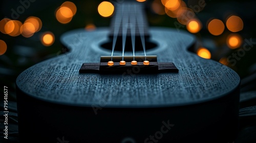 A black ukulele with selective lighting on its frets and strings. AI generate illustration