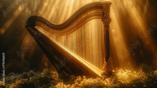 Autoharp with selective lighting on the strings. AI generate illustration