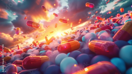 A surreal landscape of colorful pills and capsules with a stormy sky in the background.