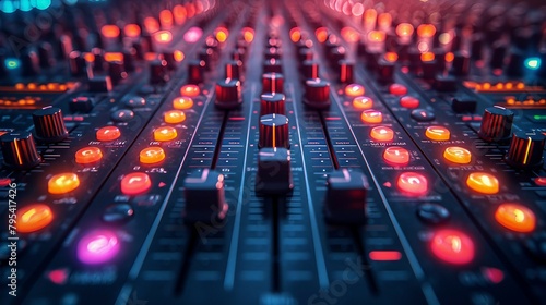 An abstract representation of a DJ's mixing board with colorful slider and button. AI generate illustration