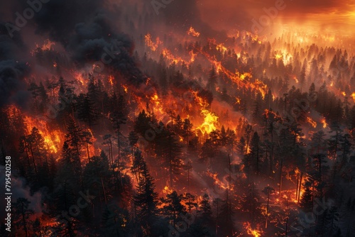 A wildfire burns through a forest at night