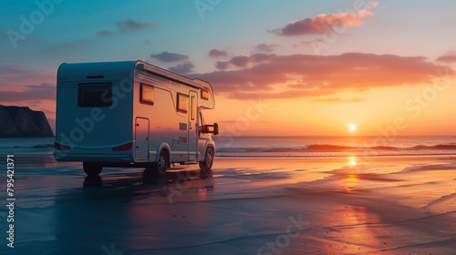 A white camper van is parked on the beach at sunset. The sky is filled with clouds and the sun is setting, creating a beautiful and serene atmosphere