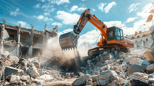A large orange excavator is digging into a pile of rubble. The scene is chaotic and destructive, with the machine working hard to clear the debris