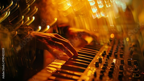 An electronic musician plays a synthesizer with a lot of backlighting.