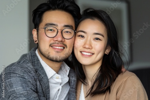 Cute Asian couple embracing each other. Looking at the camera, smiling happily