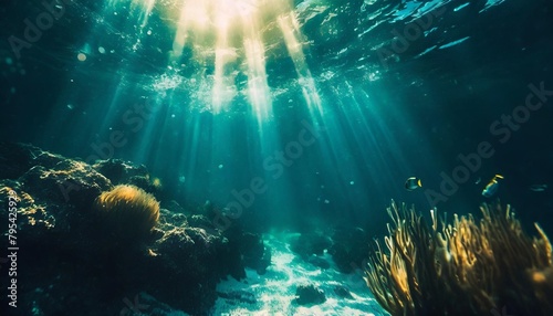 realistic photo of the underwater world with the rays of the sun passing through the water