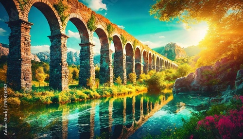 bright and fantastical landscape with majestic aqueducts in a magical world