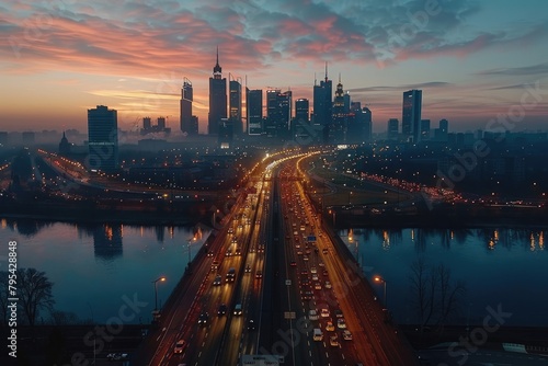 Aerial view of the bridge and the business center with skyscrapers in the background of the city of Warsaw, at dusk after sunset. Cinematic drone shot on a bridge with cars and a river at night.