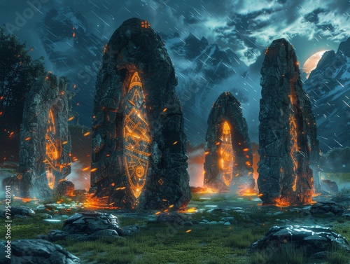 cinematic concept art of glowing ancient alien monoliths in a stormy moonlit field