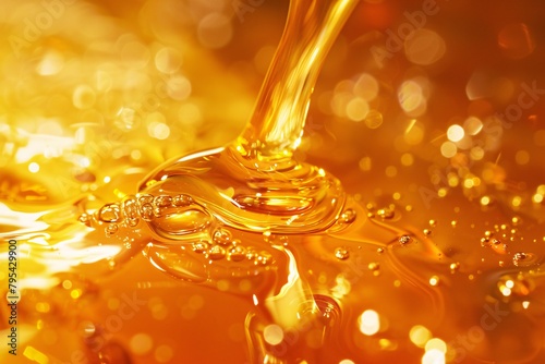 Dive into the amber depths of liquid honey, its warm tones inviting you to bask in the sweetness of nature's nectar