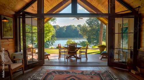 Interior de un salón de una cabaña de estilo rústico con vistas a un lago
