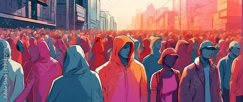 A sea of faceless individuals in a stylized illustration with vibrant hoodies representing anonymity and unity