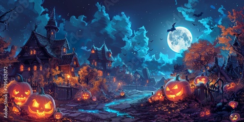 b'Spooky Village With Haunted House And Jack-O-Lanterns At Night'