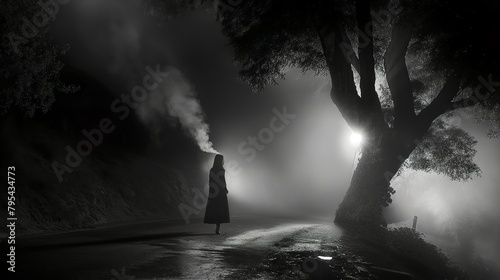 Black-Contrast high quality shot of a woman through the night, Like losing hope, he takes a deep drag on his cigarette