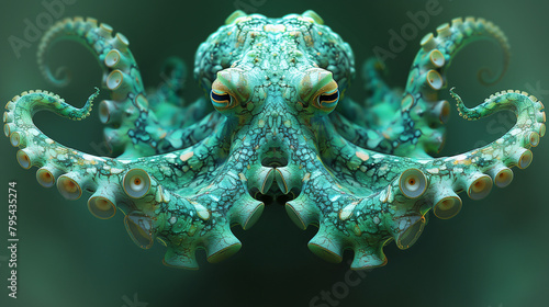 Surreal symmetrical octopus cephalopod suckers tentacles highly textured skin dark green background.