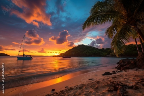 b'Palm trees and sailboat at sunset on a tropical beach'