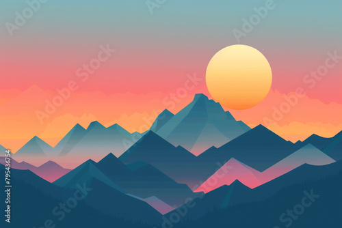A minimalist illustration of a mountain range against a colorful gradient sky.