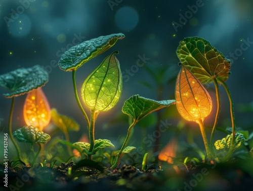 Mystical glowing plants in the moonlight