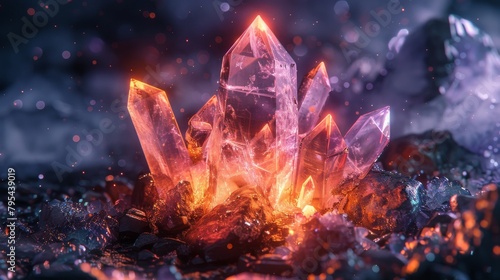 Pink glowing crystal on a bed of rocks.