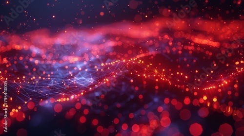 Red and blue glowing particles form a wave-like structure on a dark background.