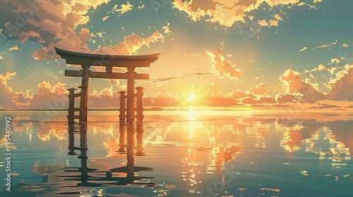 sun shines on the clear water surface and Japanese torii gate standing in the center of it