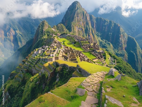 The ancient city of Machu Picchu, located in the Andes Mountains , 