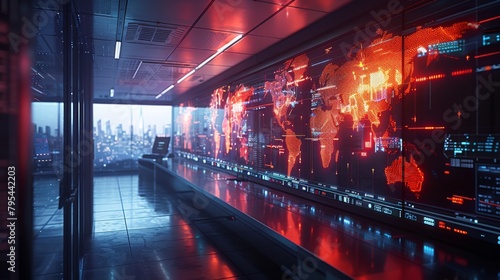 The interior of a futuristic control room with a large world map display.