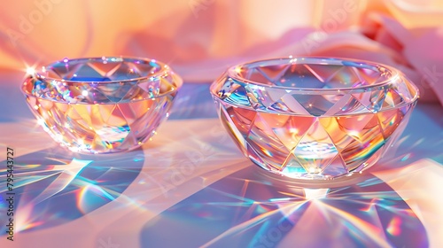 Two diamond bowls sit on a reflective surface, casting rainbow-colored reflections.