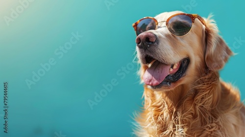 Golden retriever wearing sunglasses basks in sunlight, concept of fun pet portraits and cheerful domestic moments