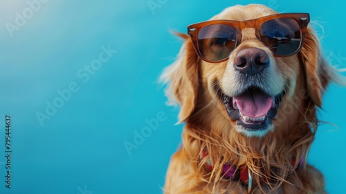 Cool golden retriever sporting sunglasses against a vivid blue backdrop, concept of summer vibes and pet personality