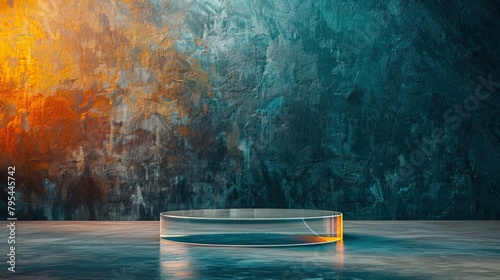 A circular glass platform sits in front of a blue and orange painted concrete wall.